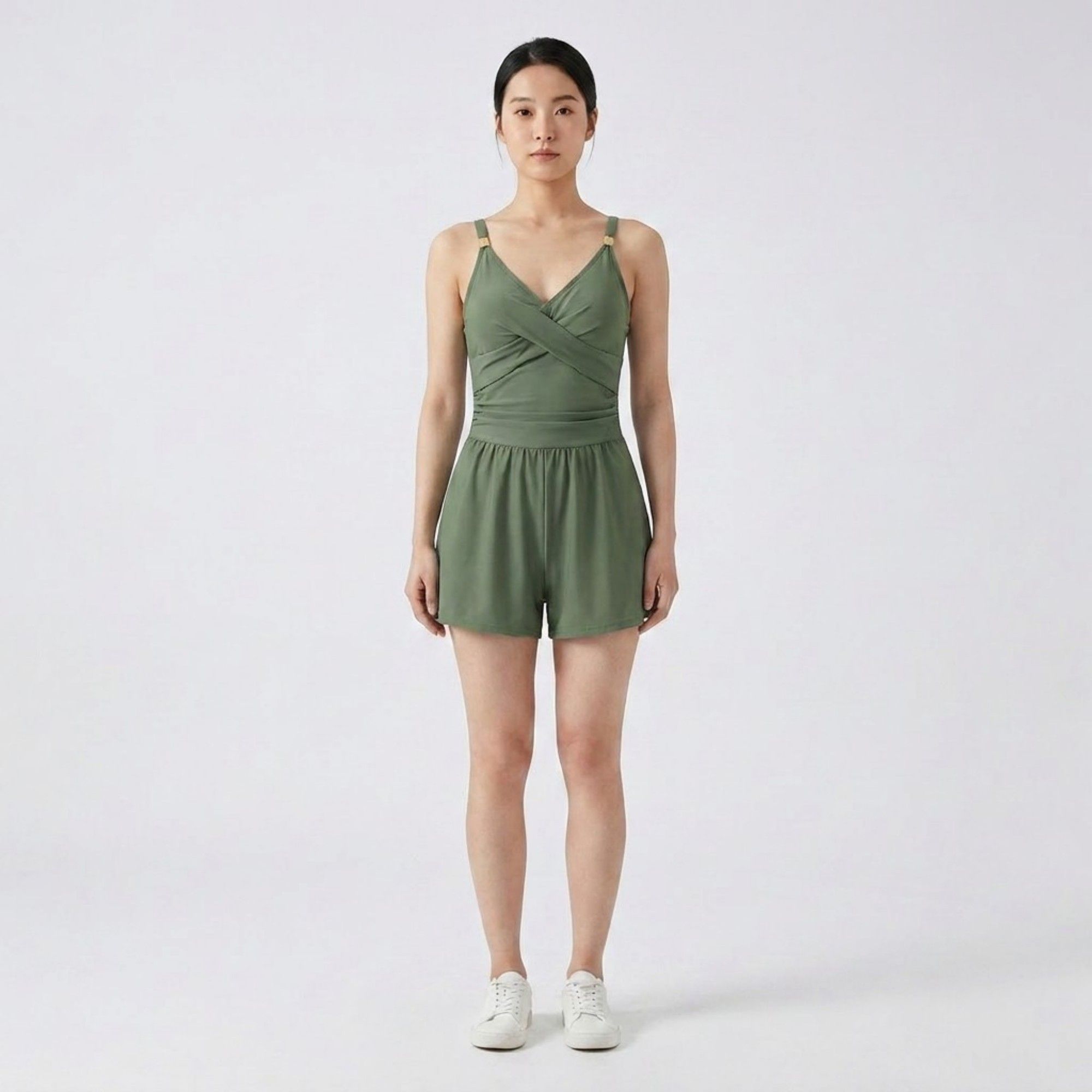 Anna-Kaci Swim Womens One Piece Swim Romper with Wrap V Neck Cross Front Bodice Adjustable Straps and Attached Shorts