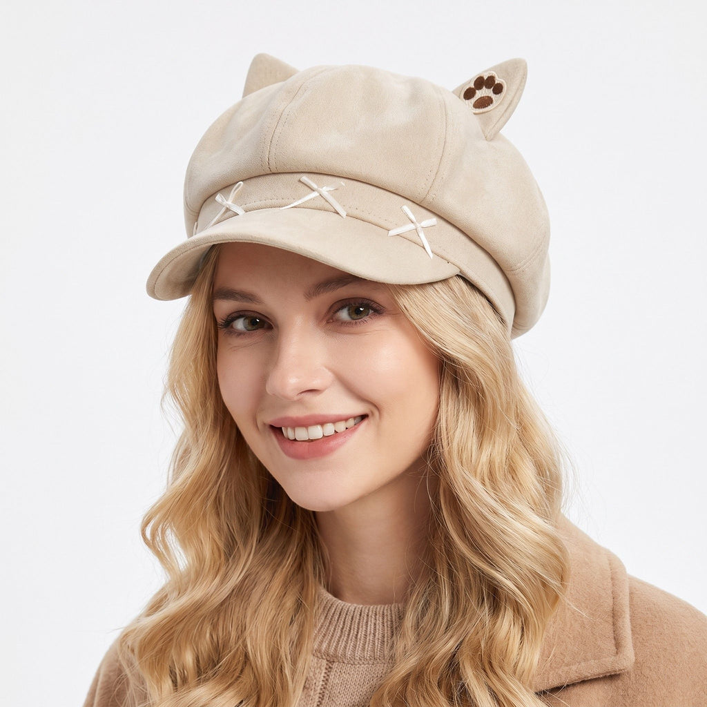 Cat Ear Newsboy Cap Cute Baker Boy Hat Bow Detail Short Brim Casual Style