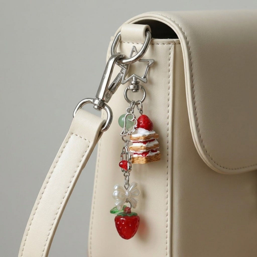 Dessert Charm Keychain with Strawberry Pendant Cake Detail Star Clip Bag Charm Key Ring Accessory
