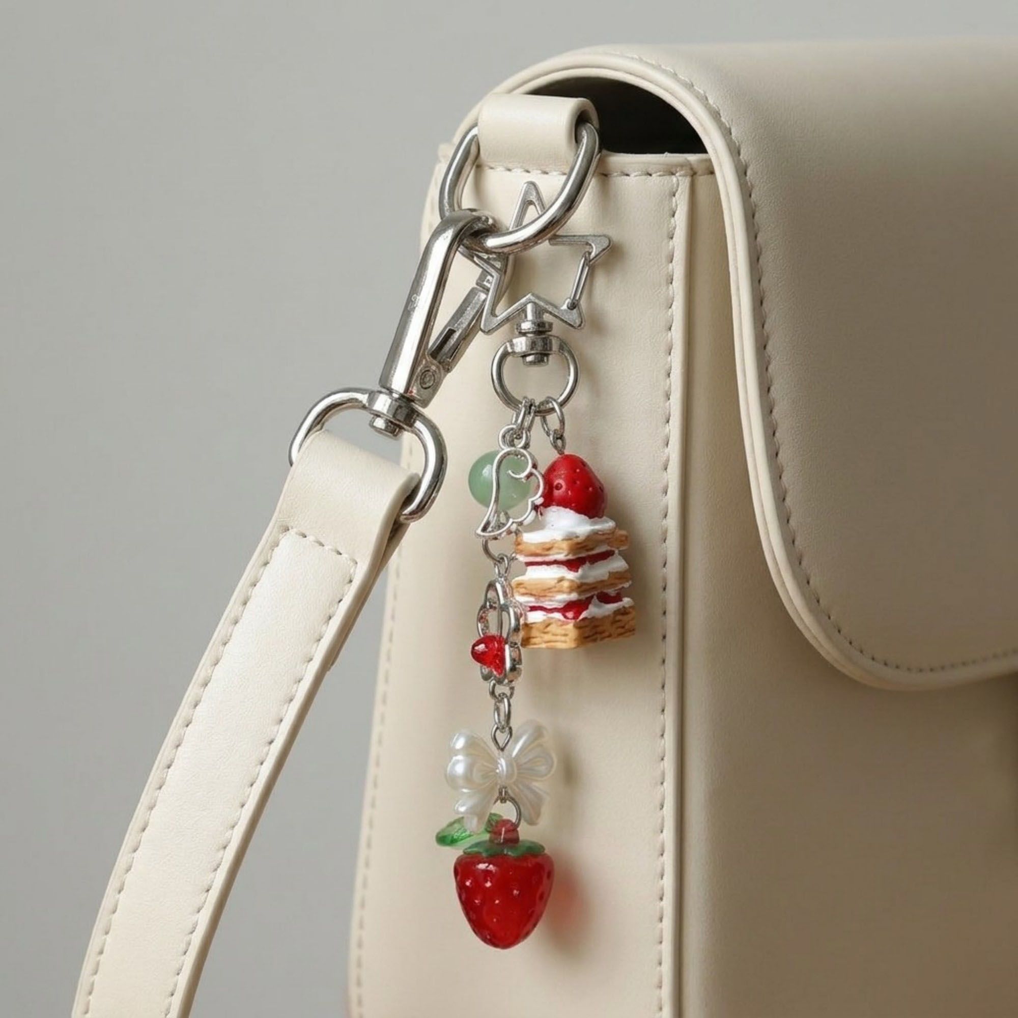 Dessert Charm Keychain with Strawberry Pendant Cake Detail Star Clip Bag Charm Key Ring Accessory