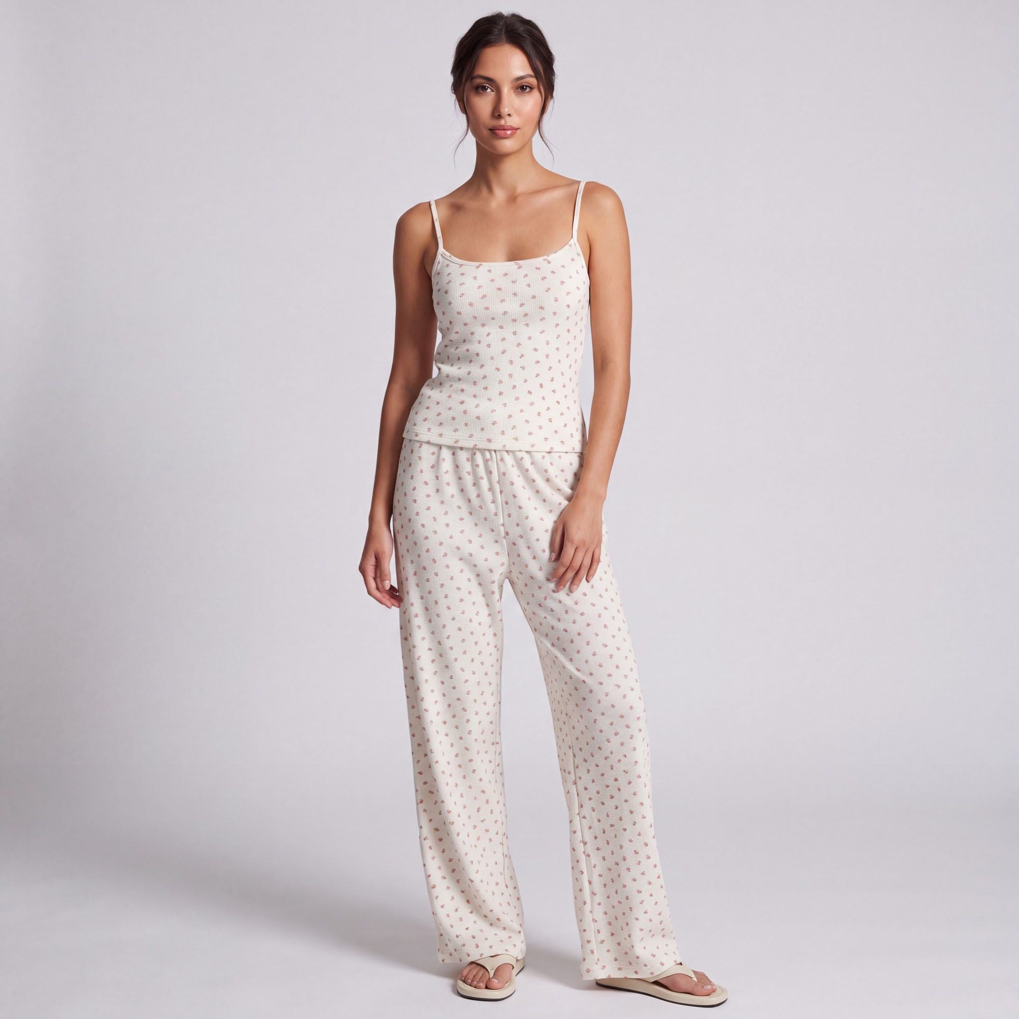 2-Piece Set Waffle Knit Ditsy Floral Camisole with Adjustable Straps and Relaxed Wide Leg Lounge Pants