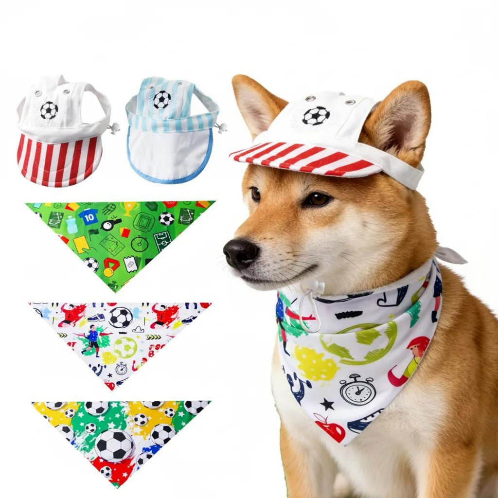 Pet Hat and Bandana Set Adjustable Sun Visor Cap with 3-Pack Printed Bandanas for Cats and Dogs