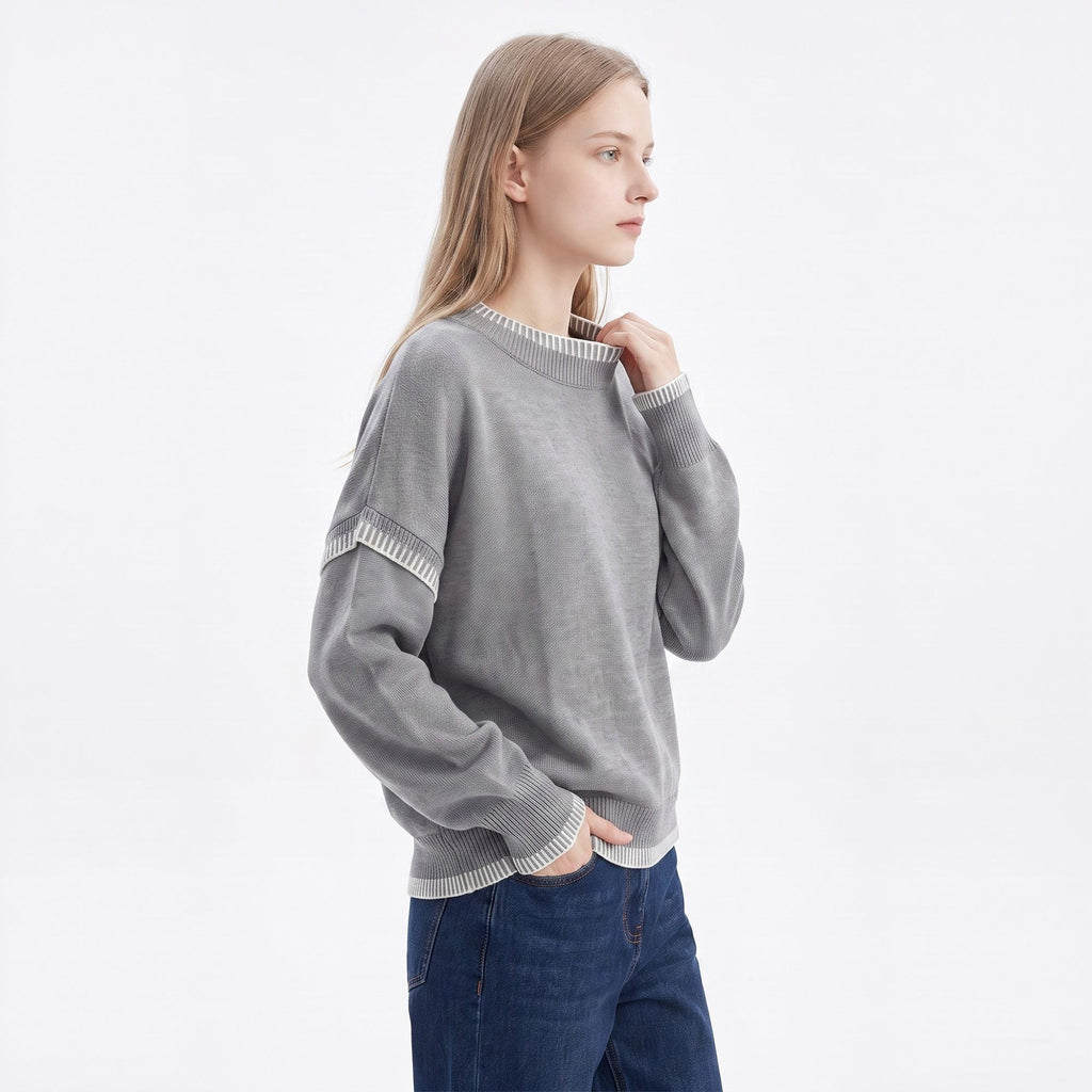 Contrast Stitch Crewneck Long Sleeve Knit Sweater
