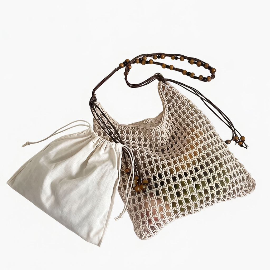 Crochet Shoulder Bag with Beaded Strap Tassel Drawstring Detail Lightweight Knit Hobo Handbag