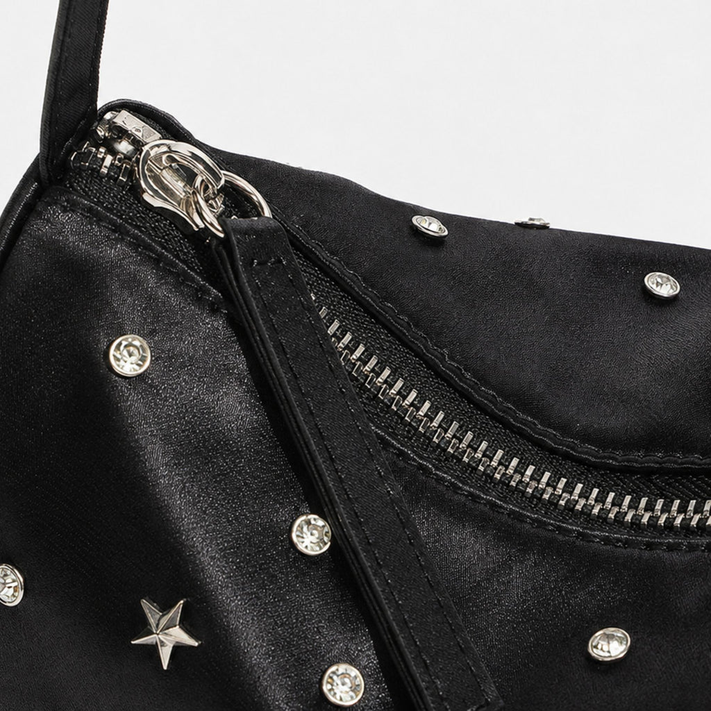 Studded Satin Shoulder Bag with Zip Closure and Interior Pocket