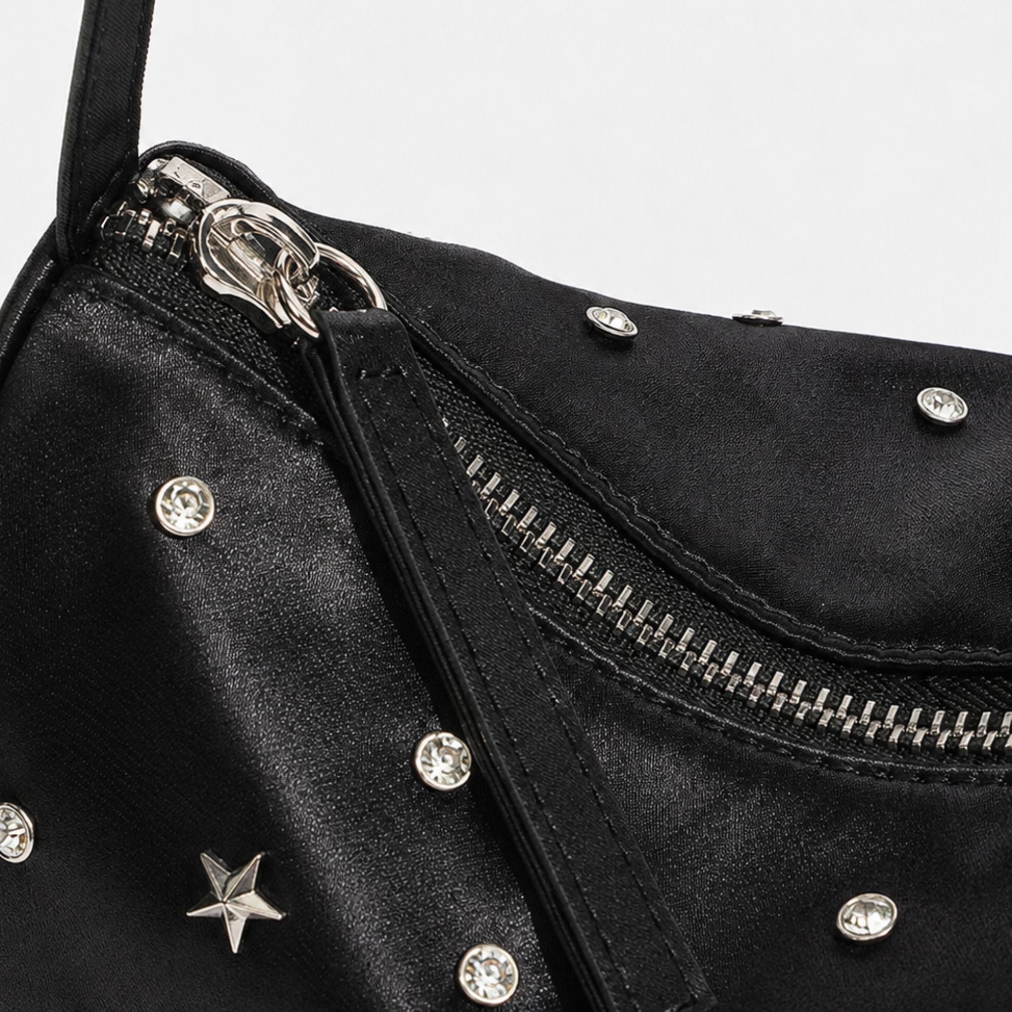 Studded Satin Shoulder Bag with Zip Closure and Interior Pocket