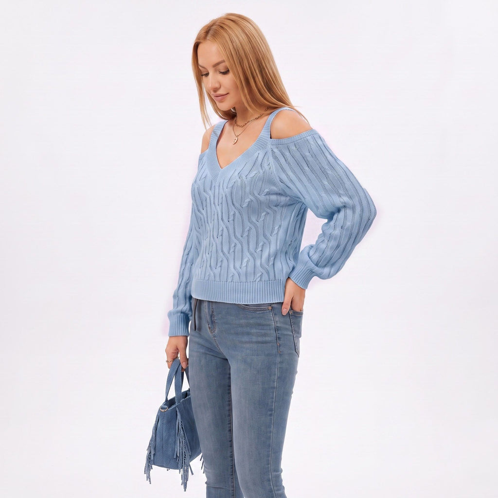 Cold Shoulder V Neck Cable Knit Long Sleeve Sweater