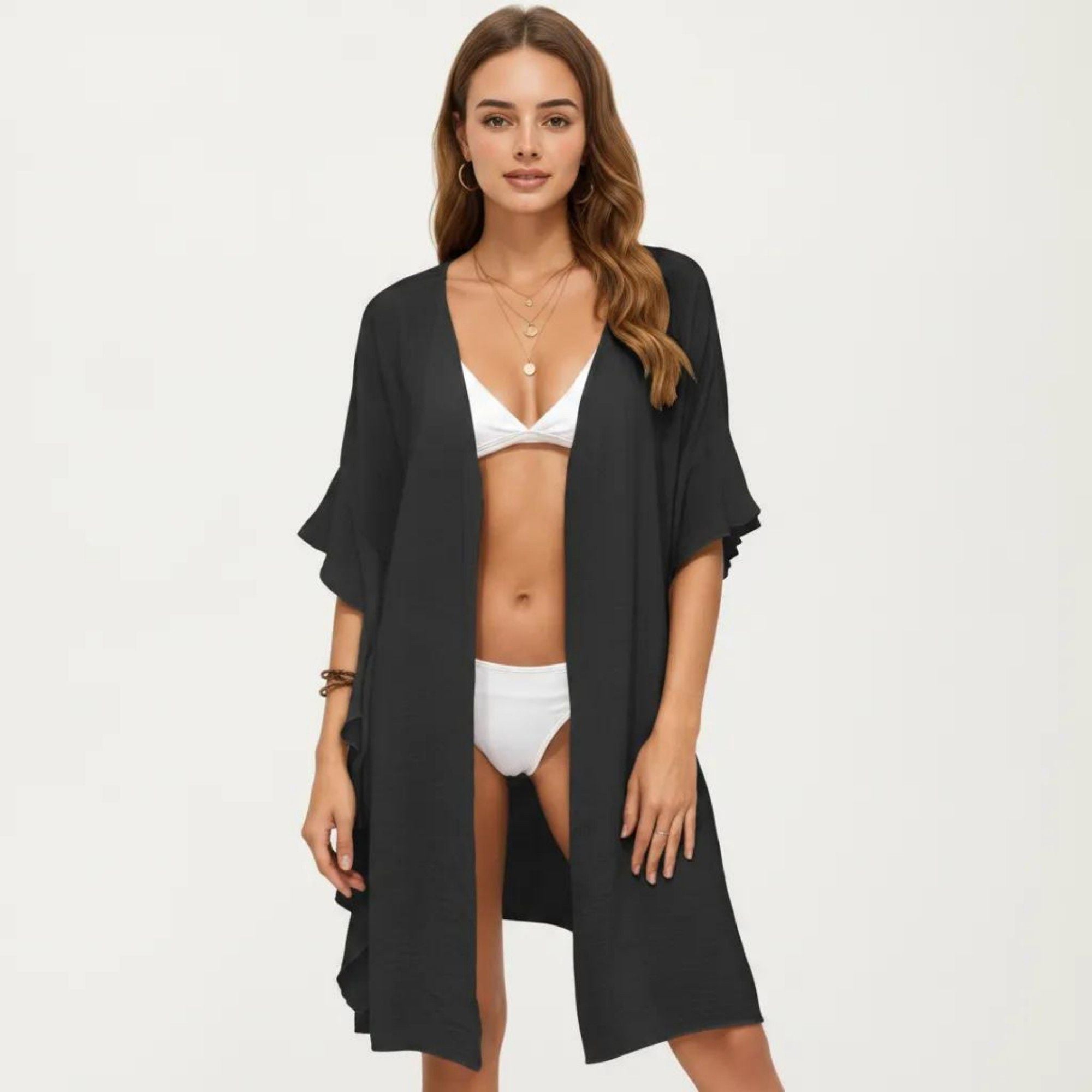 Anna-Kaci Women's Open Front Swim Cover Up Kimono with Ruffle Sleeves Lightweight Beach Cardigan