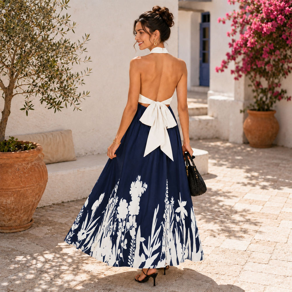 Halter Neck Maxi Dress with Crisscross Straps Open Back Tie Waist Botanical Border Print and A Line Skirt