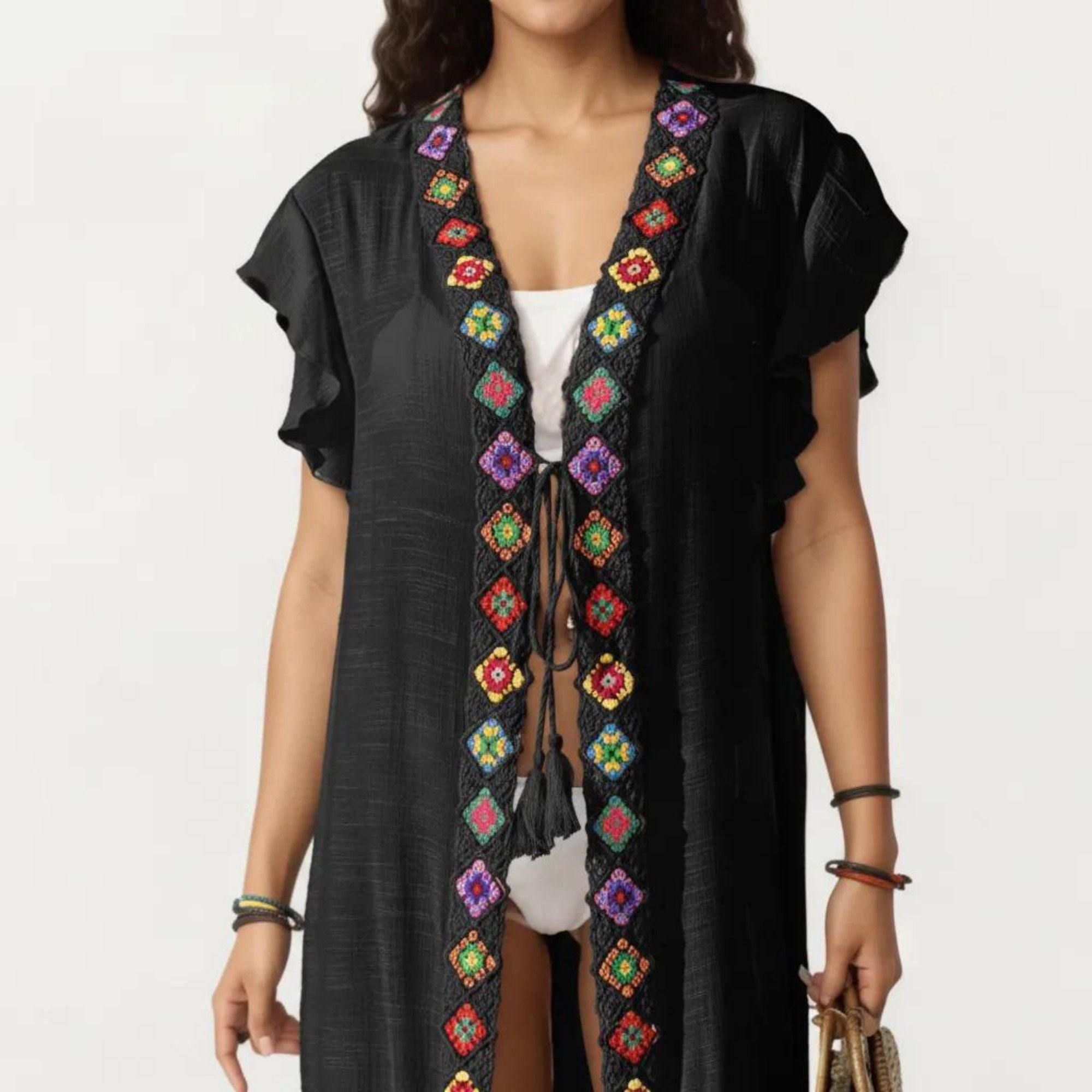 Anna-Kaci Women's Embroidered Open Front Swim Cover Up Kimono Midi Beach Cardigan with Tassel Tie Detail