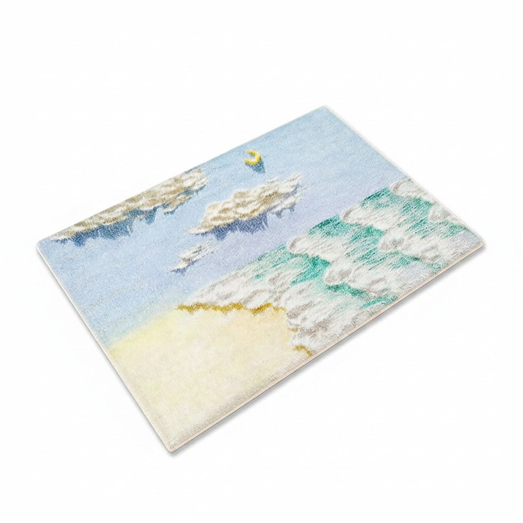 Tufted Floor Mat with Ocean Wave and Cloud Design Non Slip Backing Soft Plush Decorative Indoor Rug
