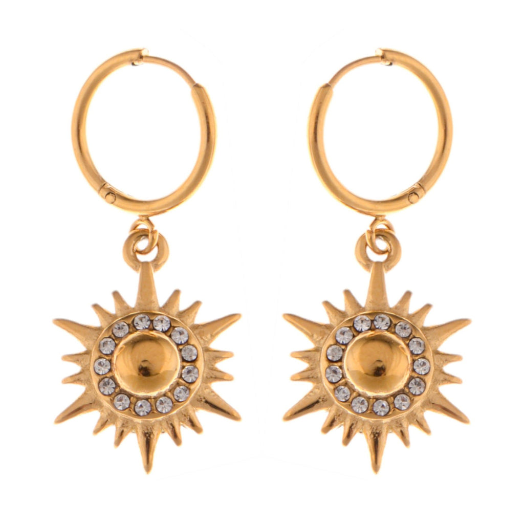 Gold Tone Sunburst Dangle Fashion Earrings with Rhinestone Accents