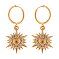 Gold Tone Sunburst Dangle Fashion Earrings with Rhinestone Accents