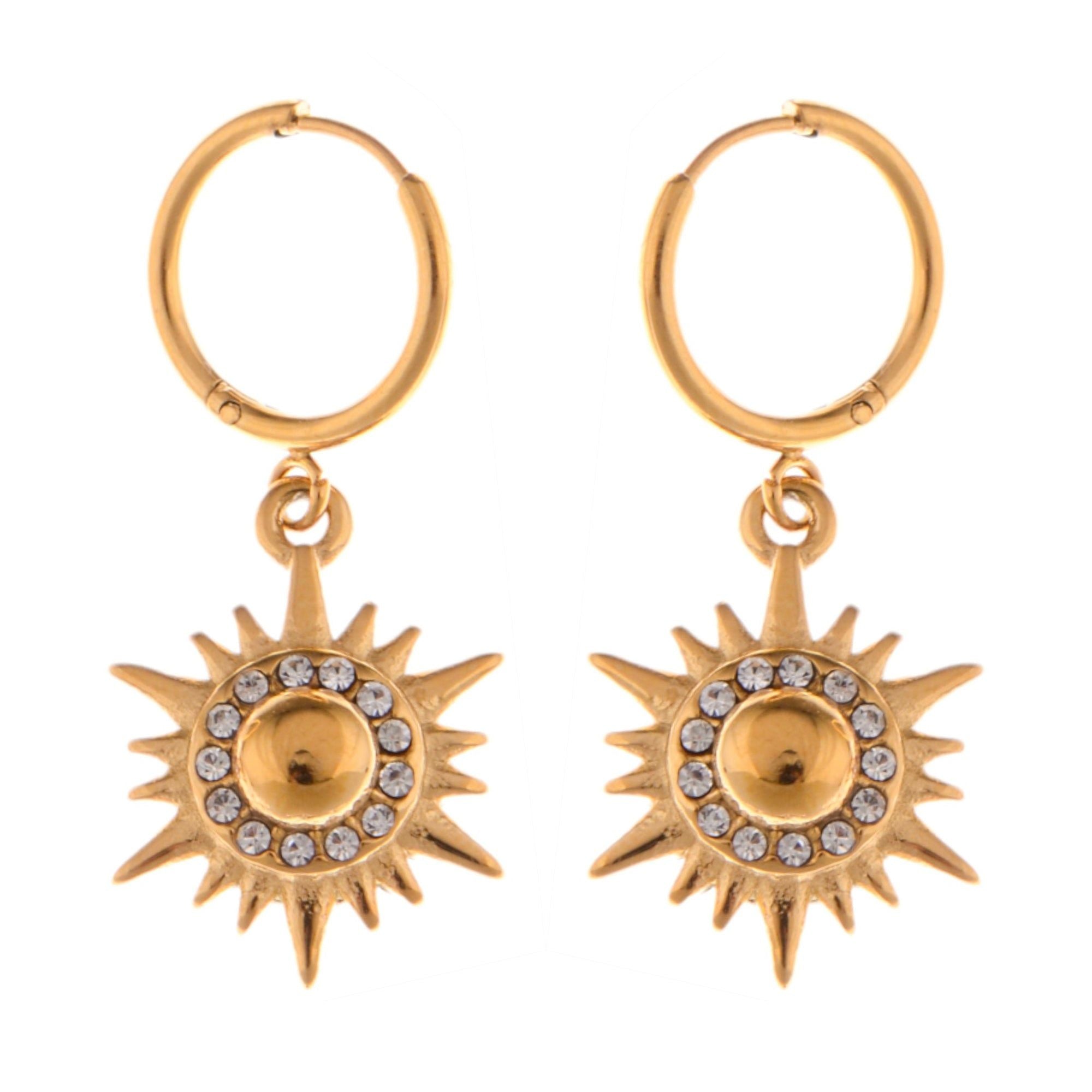Gold Tone Sunburst Dangle Fashion Earrings with Rhinestone Accents
