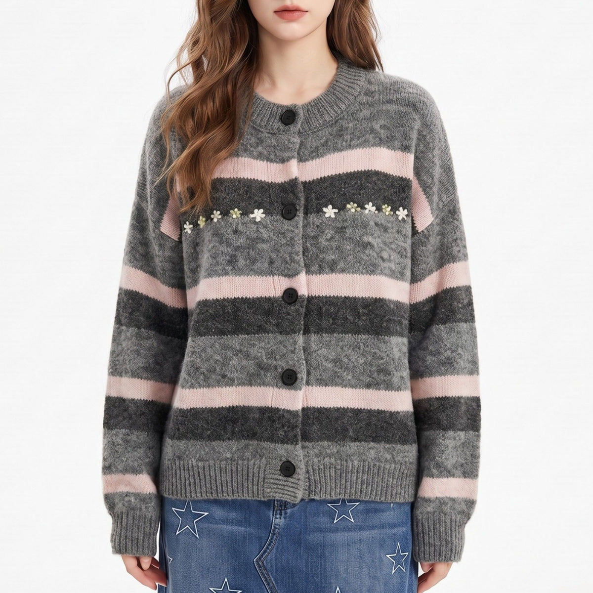 Floral Embroidered Striped Button Front Cardigan
