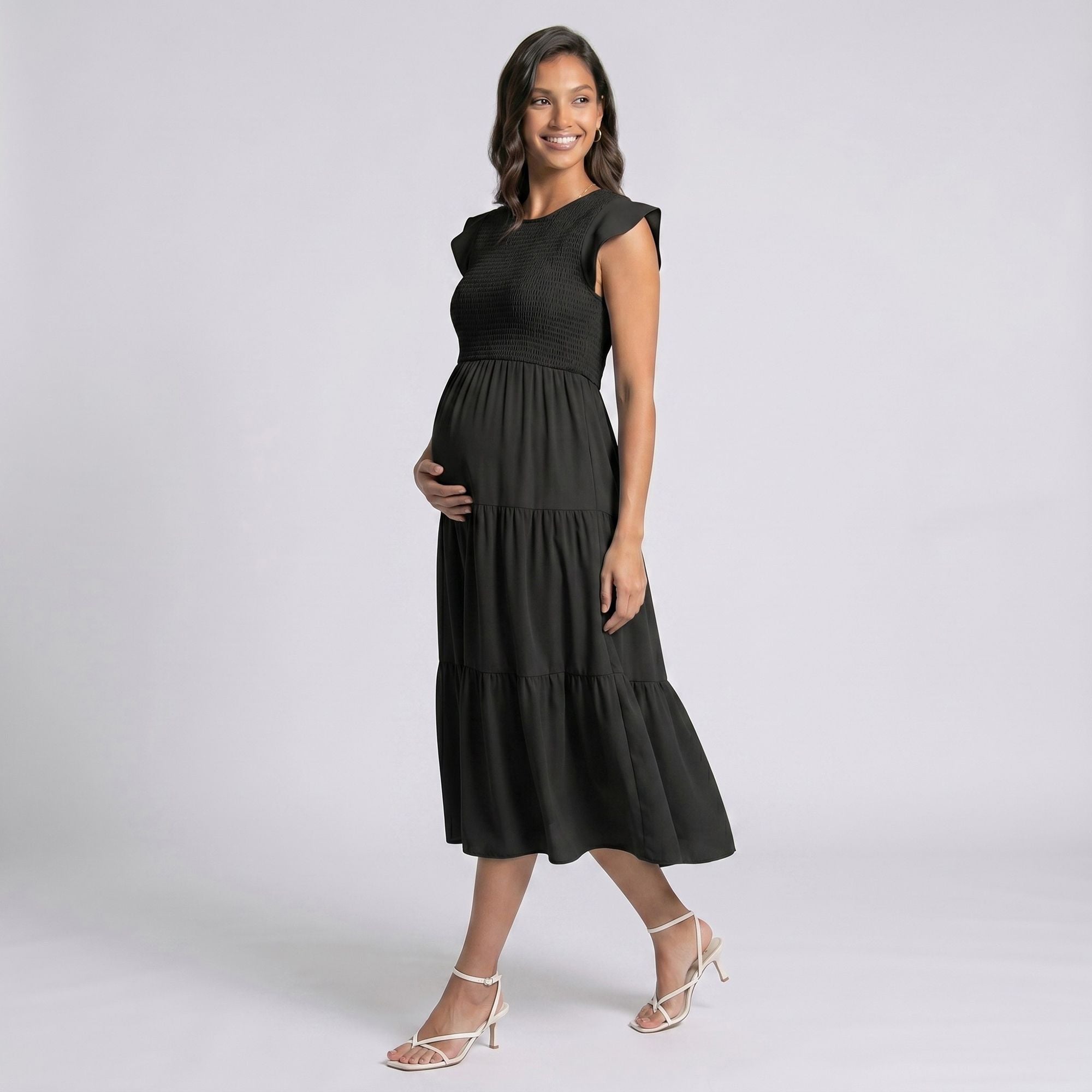 Maternity Smocked Tiered Midi Dress with Cap Sleeves and Round Neck