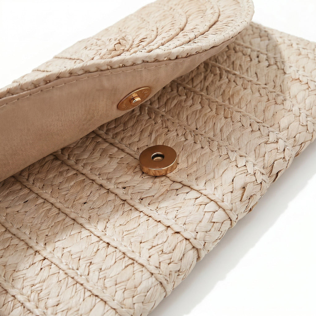 Woven Straw Crossbody Clutch Bag with Flap Closure Adjustable Strap Lightweight Shoulder Handbag
