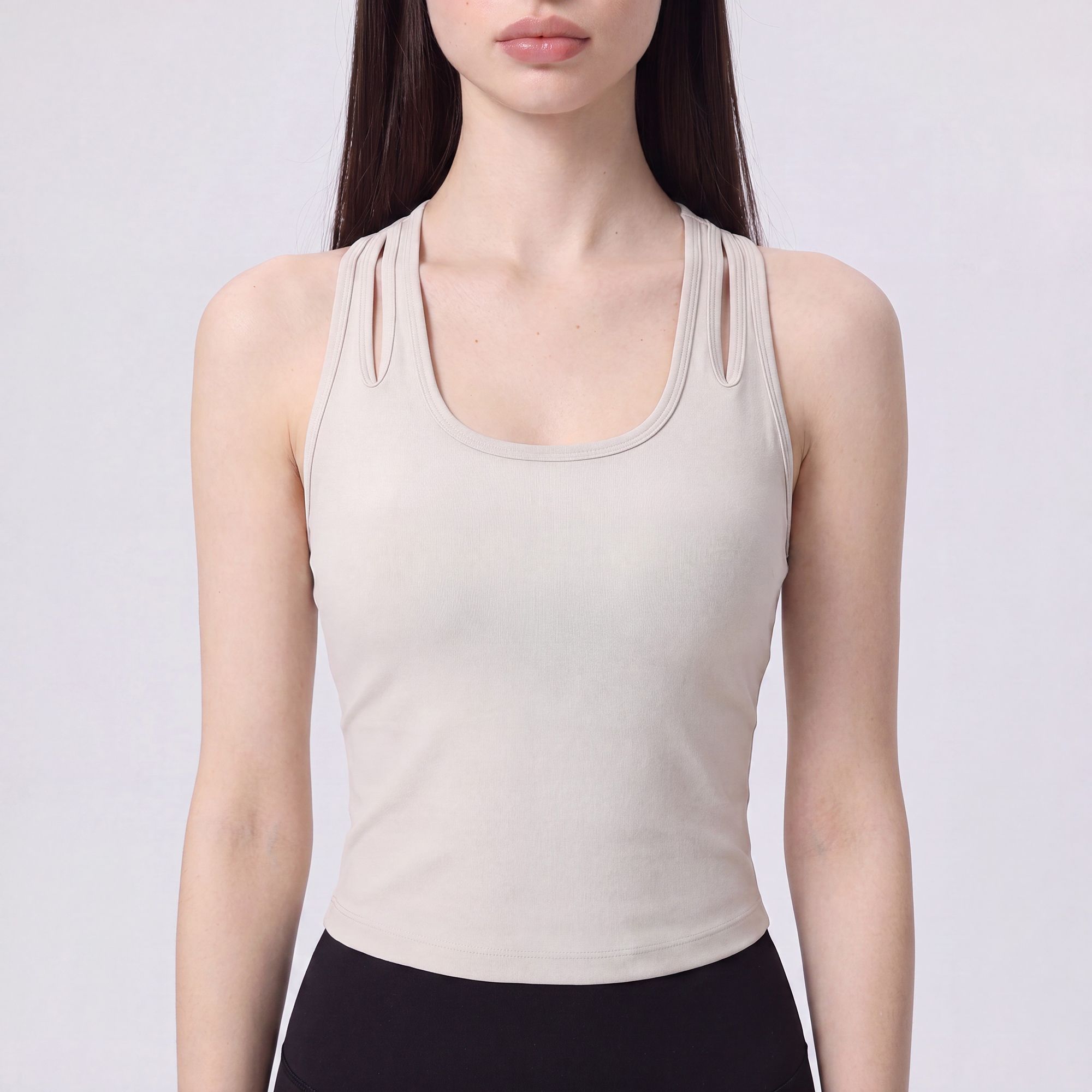 Sleeveless Yoga Tank Top with Built In Padding Scoop Neck Cutout Strap Detail and Fitted Activewear Silhouette