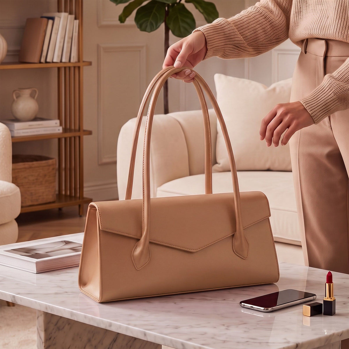 Structured East West Shoulder Bag with Flap Closure and Long Handles