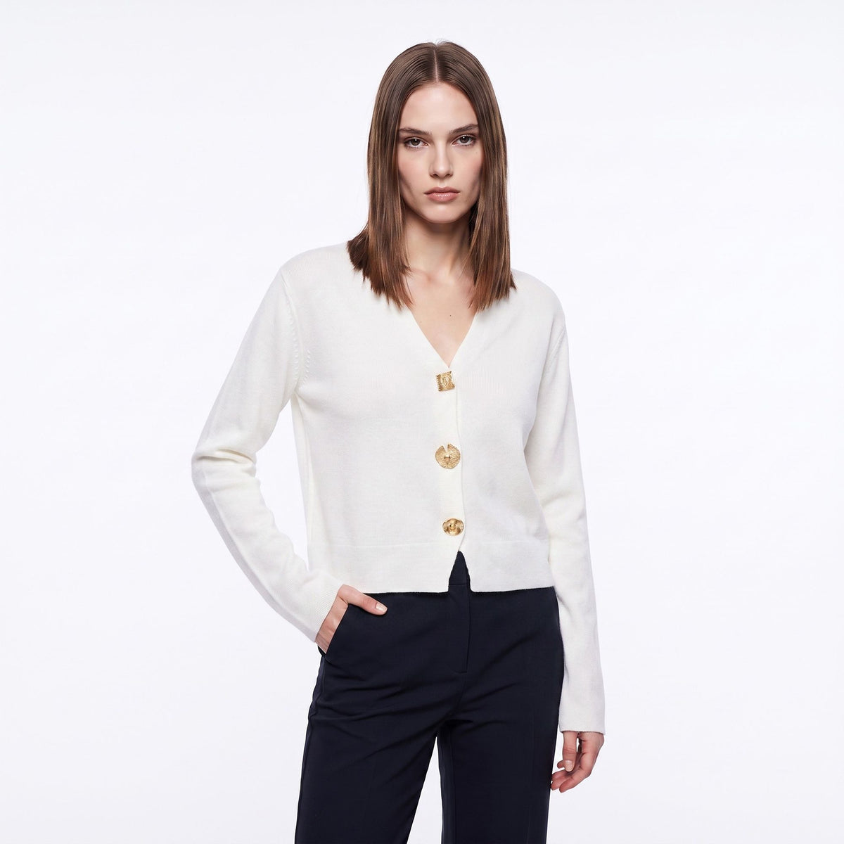 V Neck Decorative Gold Button Knit Cardigan Sweater
