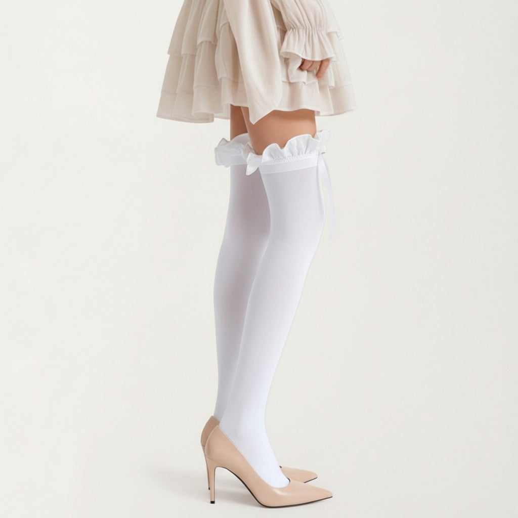 Anna-Kaci Women's Over-the-Knee Tights with Ruffled Trim and Satin Ribbon Bow Detail