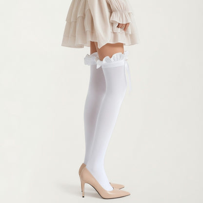 Anna-Kaci 2pcs Women's Over-the-Knee Tights with Ruffled Trim and Satin Ribbon Bow Detail