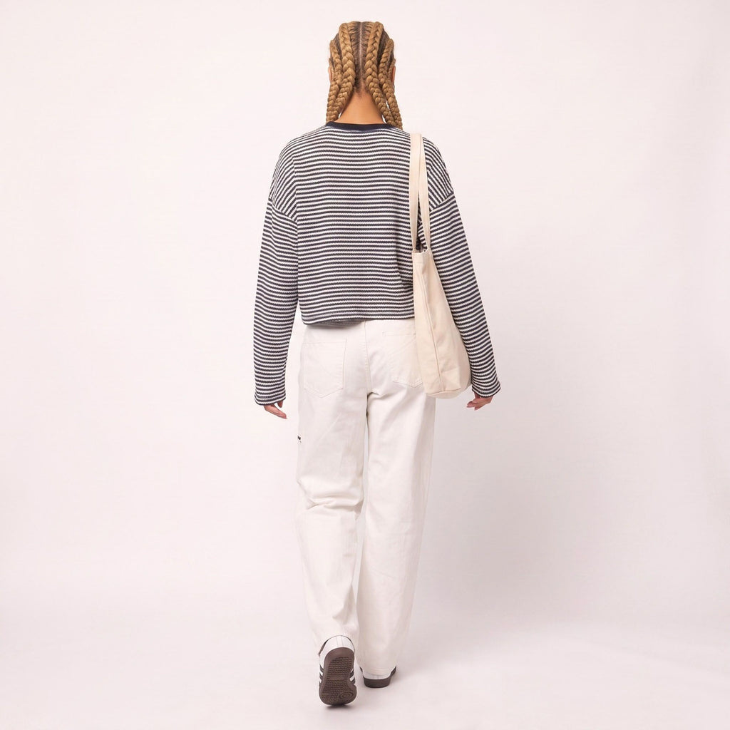Striped Textured Knit Drop Shoulder Cropped Sweater