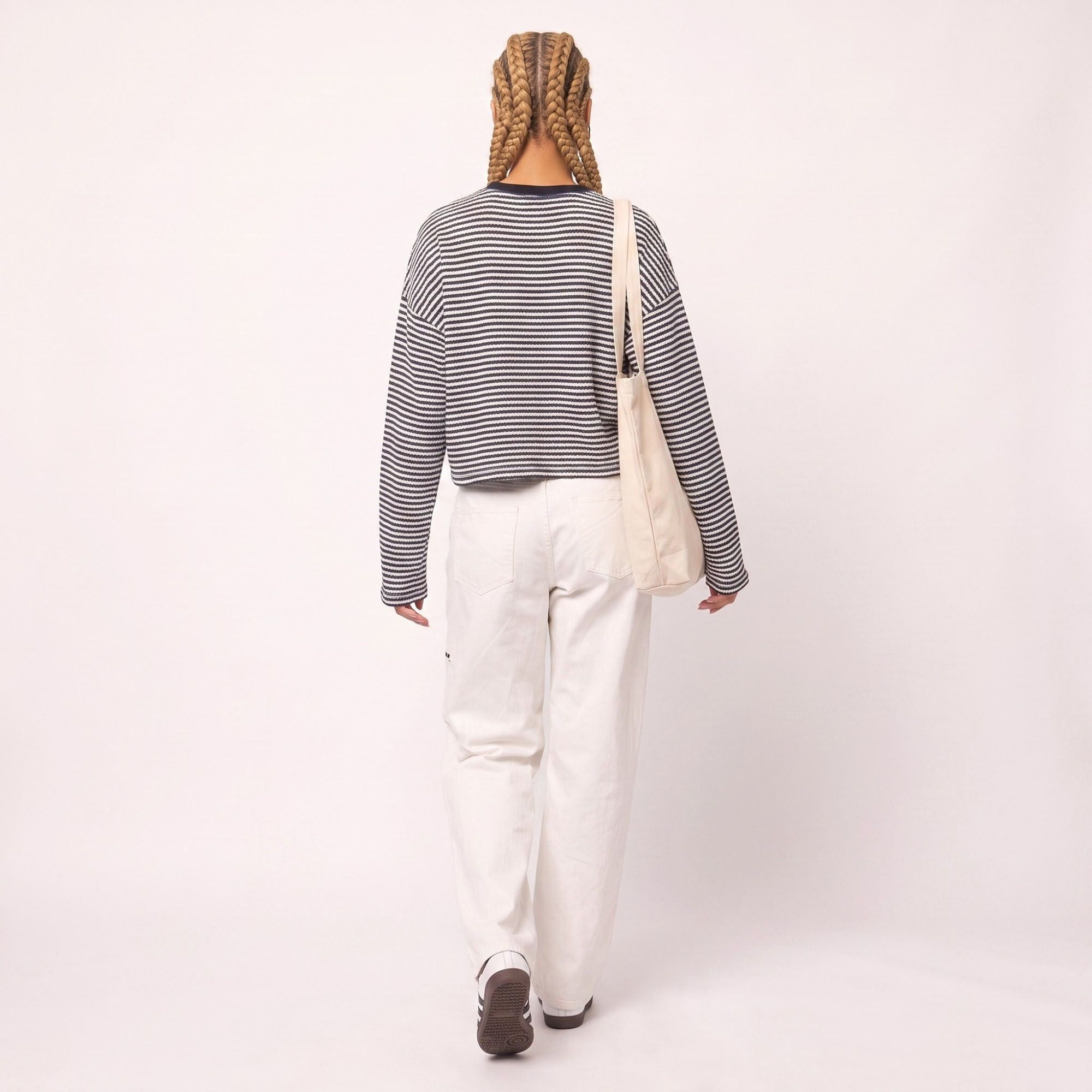 Striped Textured Knit Drop Shoulder Cropped Sweater