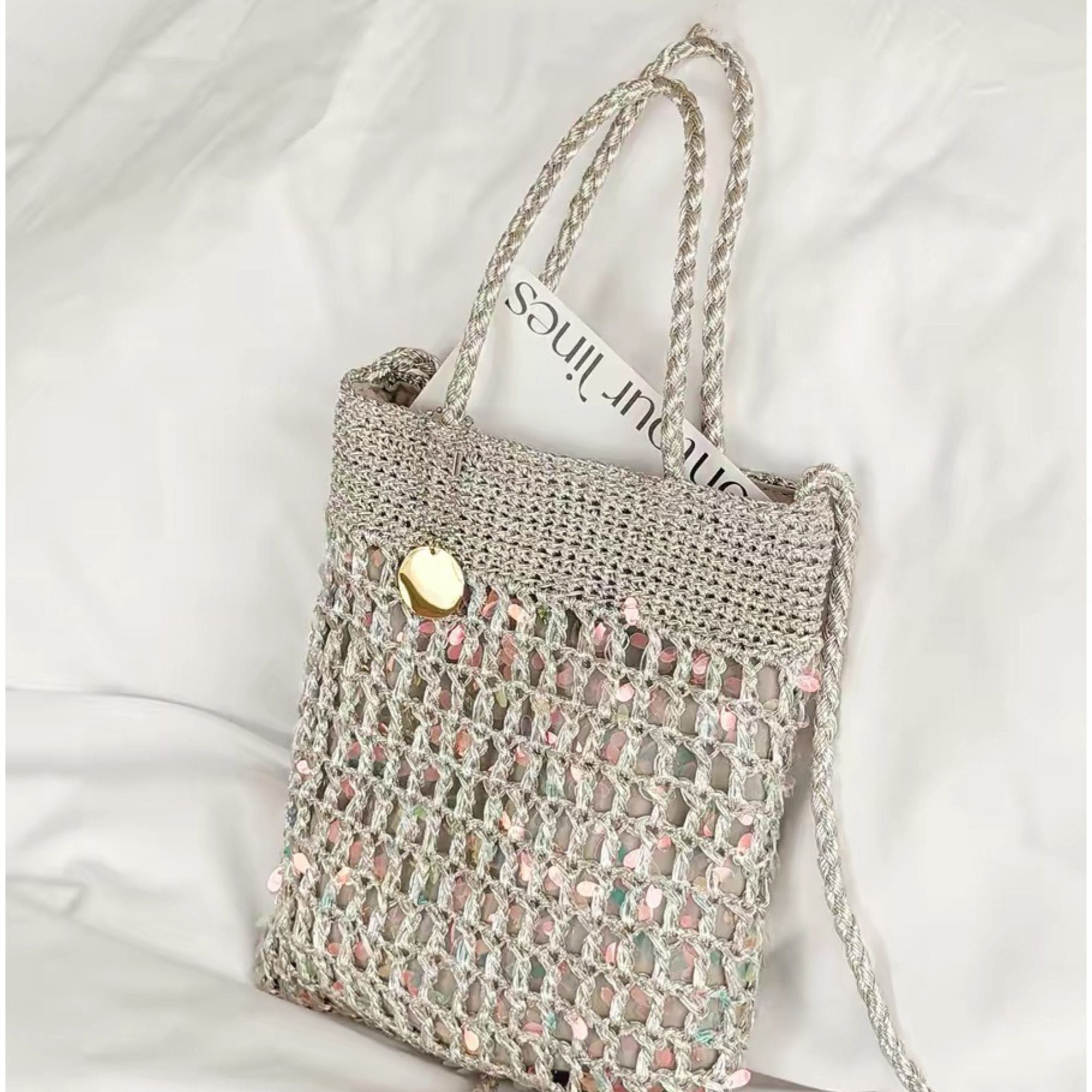 Hand-Crocheted Sequin Crossbody Bag Small Square Shoulder Bag for Phone and Essentials