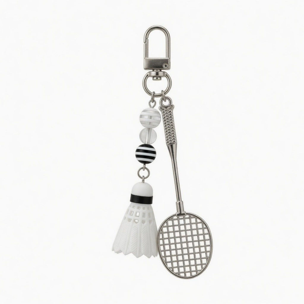 Badminton Racket Keychain with Shuttlecock Charm Beaded Detail Metal Key Ring