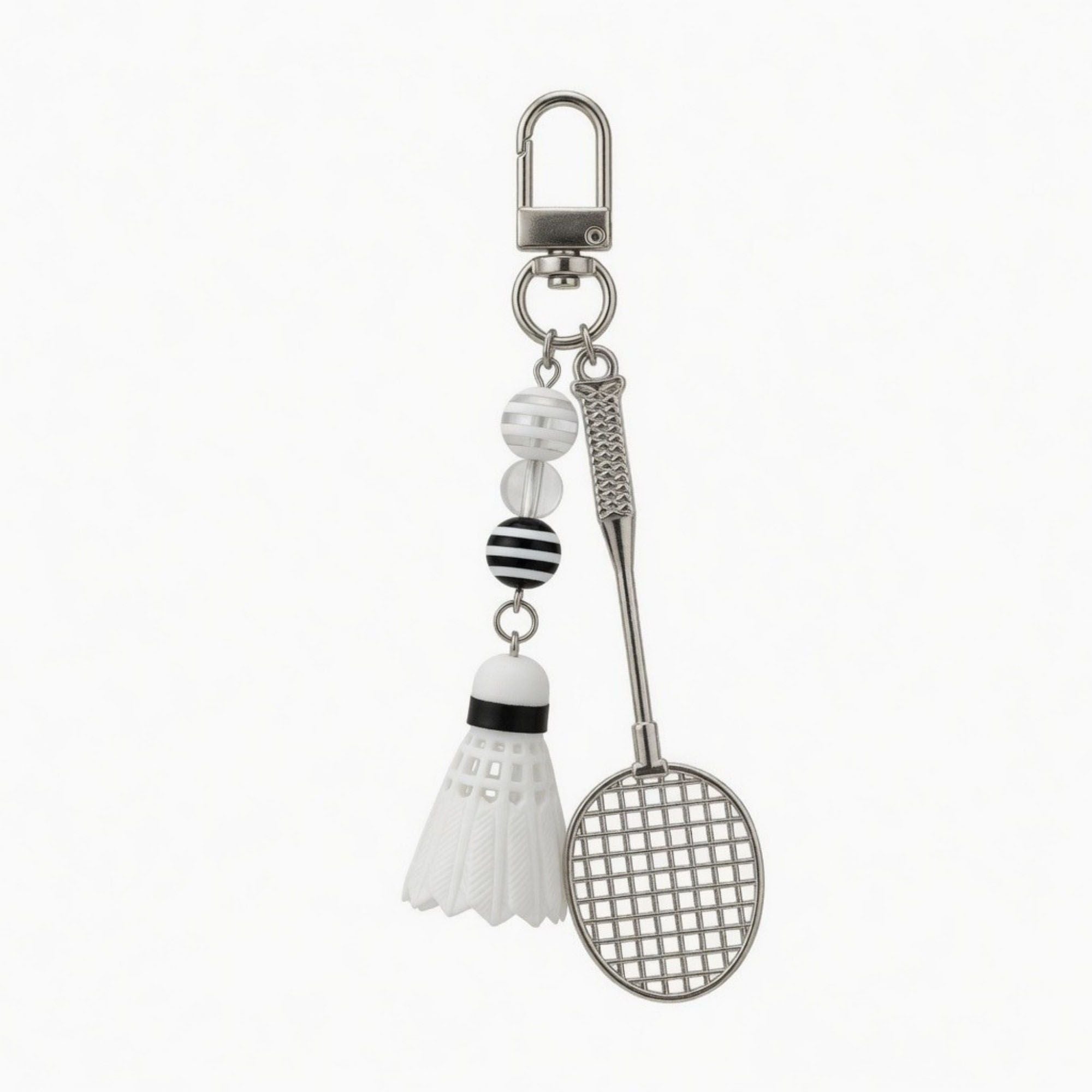 Badminton Racket Keychain with Shuttlecock Charm Beaded Detail Metal Key Ring