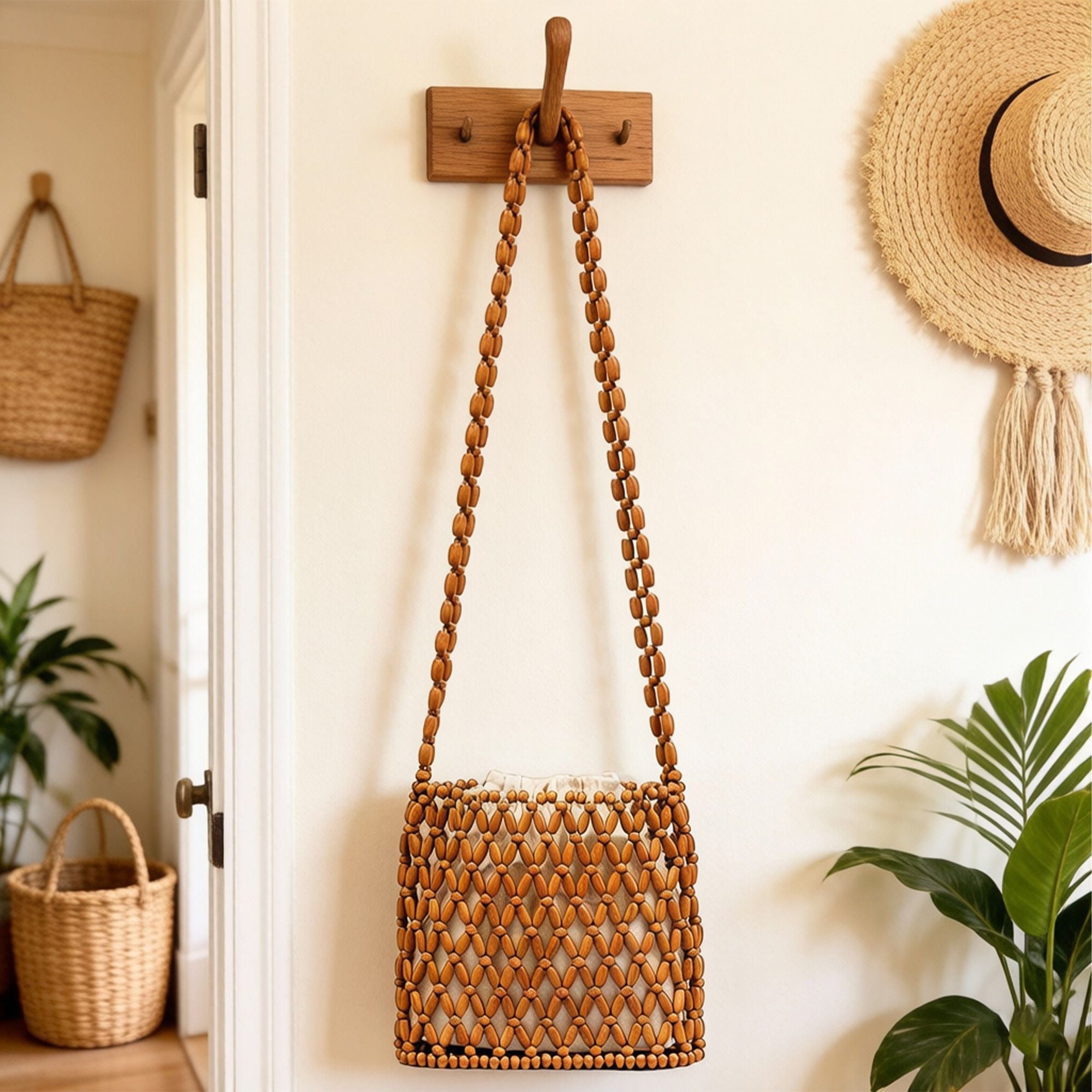 Beaded Crossbody Mini Bag with Long Strap Open Weave Wooden Bead Shoulder Purse Lightweight Small Handbag