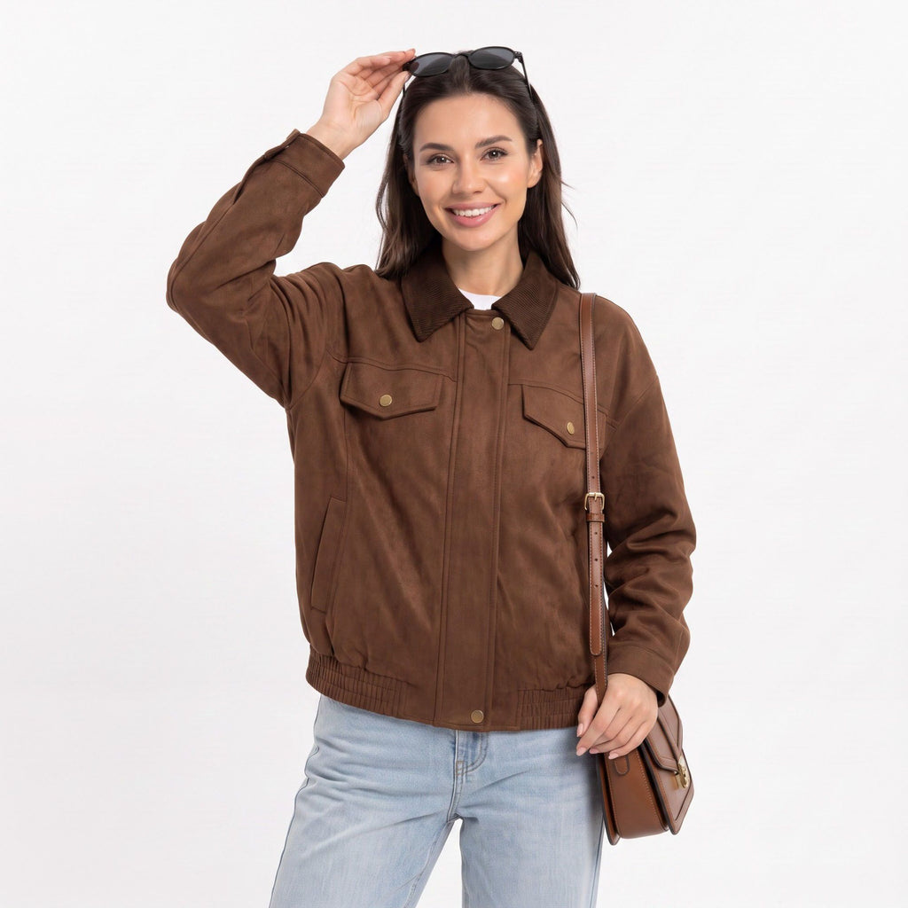 Utility Jacket Zip Front Contrast Collar Chest Pockets Relaxed Fit