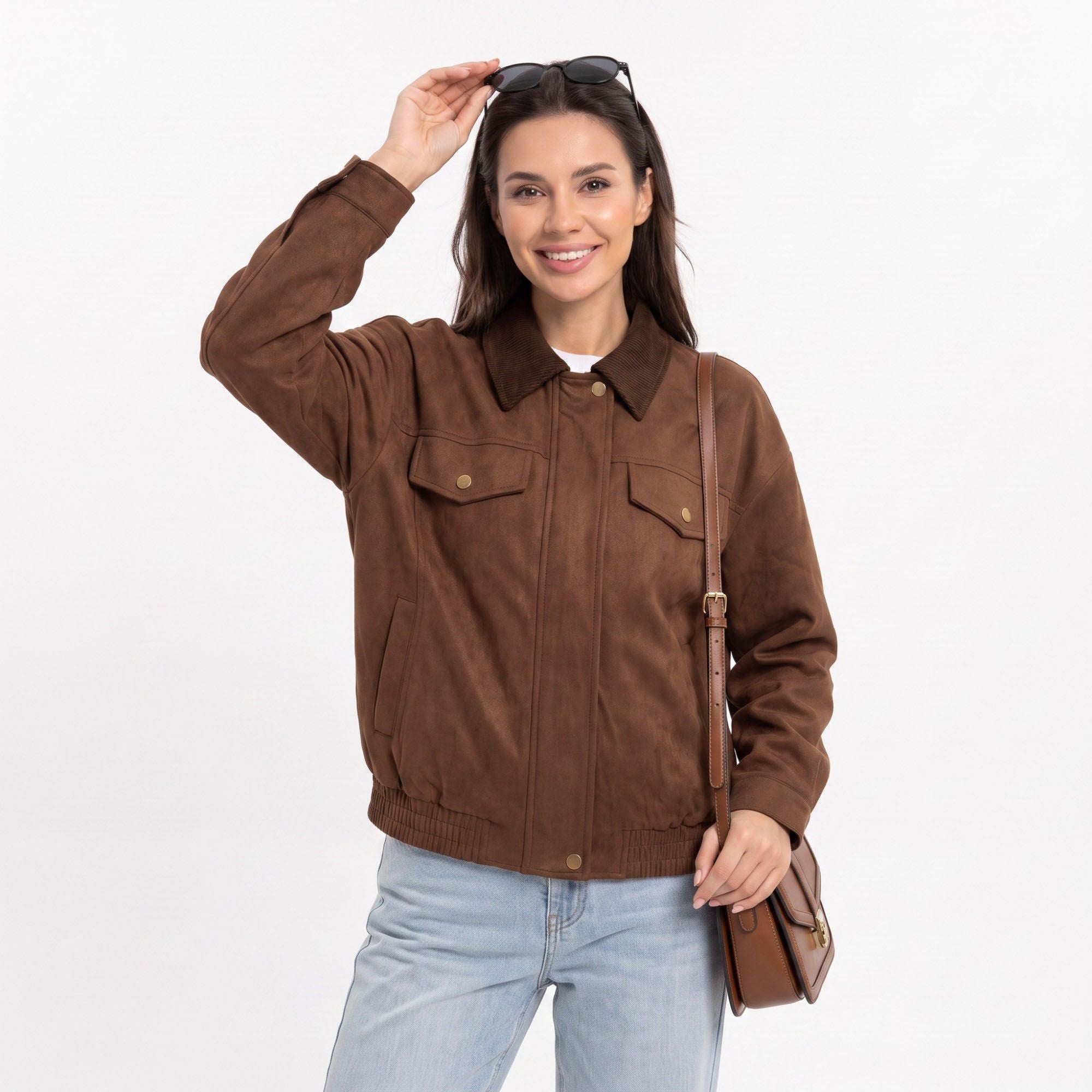 Utility Jacket Zip Front Contrast Collar Chest Pockets Relaxed Fit