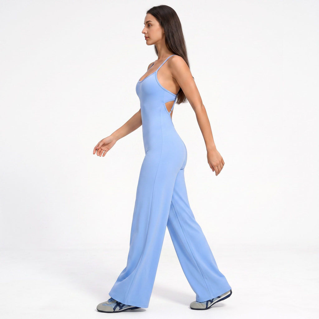 Scoop Neck Wide Leg Athletic Jumpsuit with Adjustable Crisscross Back Straps for Yoga Gym