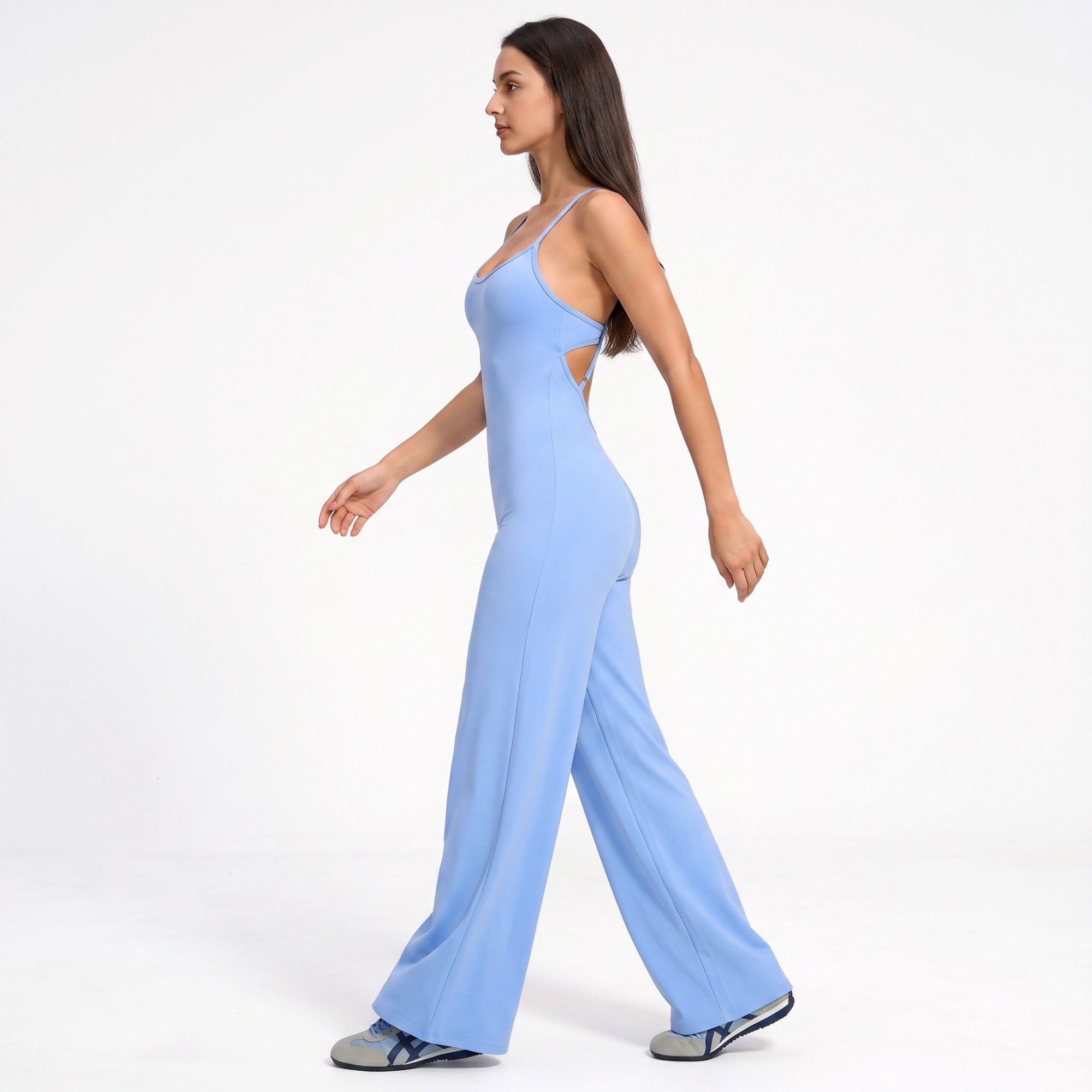 Scoop Neck Wide Leg Athletic Jumpsuit with Adjustable Crisscross Back Straps for Yoga Gym