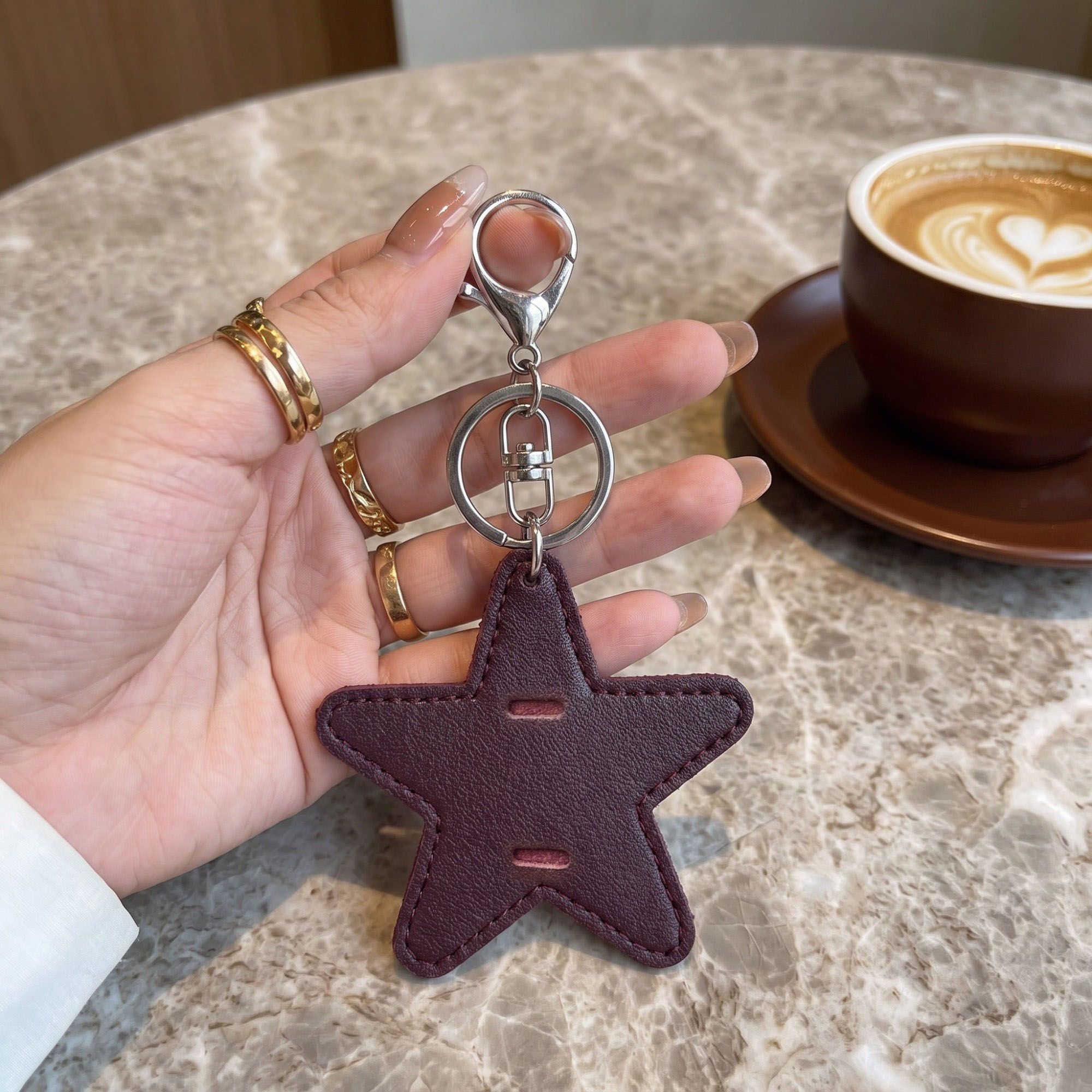 2-Piece Womens Faux Leather Bag Charm Keychain with Metal Clip Ring and Stitched Detail