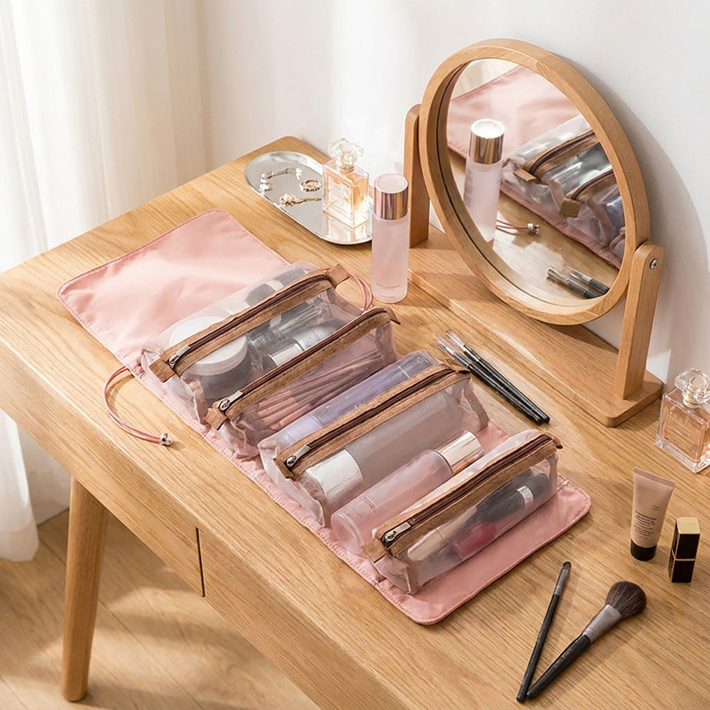 Hanging Travel Toiletry Bag with Clear Zipper Compartments and Roll-Up Organizer Design