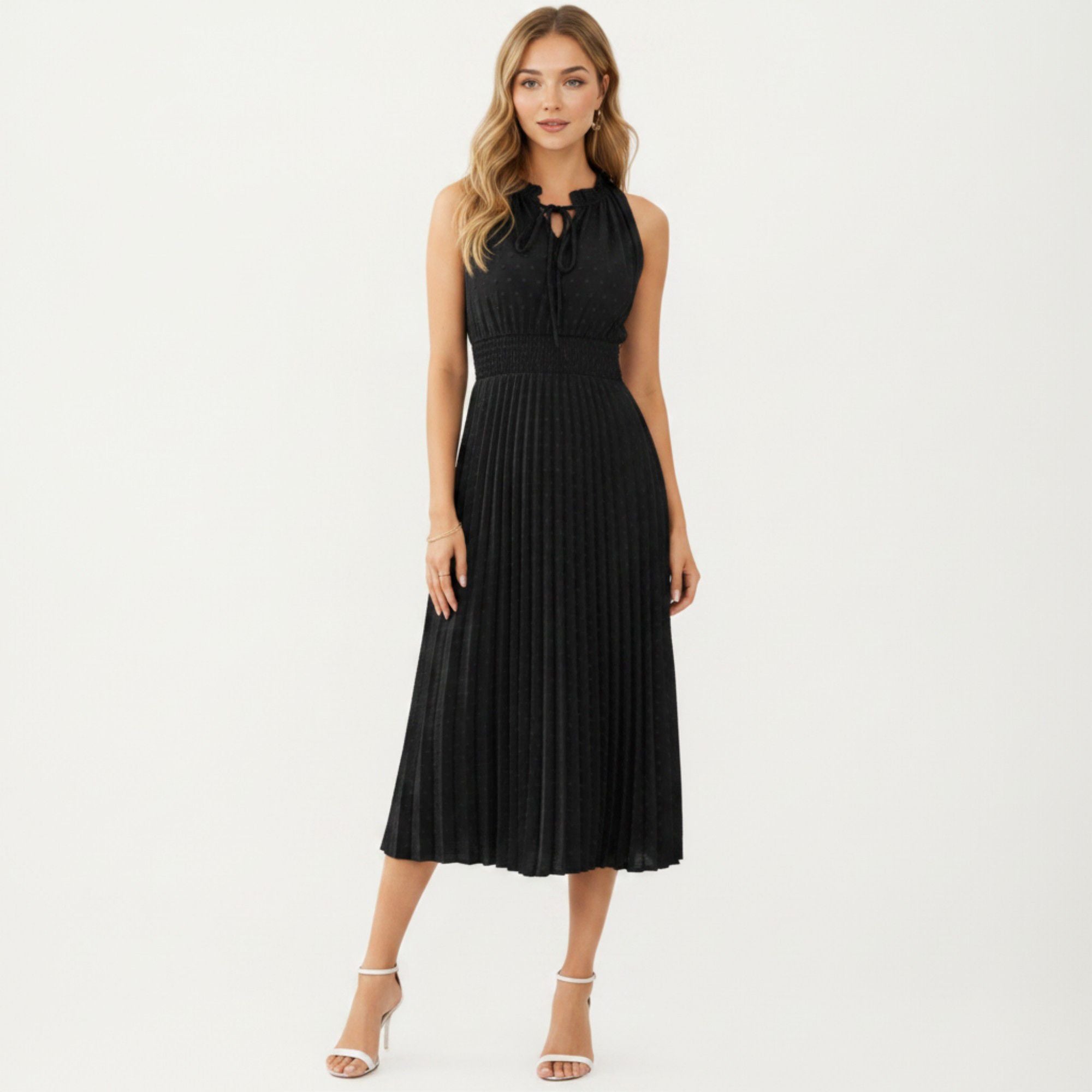 Anna-Kaci Women's Sleeveless Midi Dress with Pleated Skirt and Tie Neck Detail