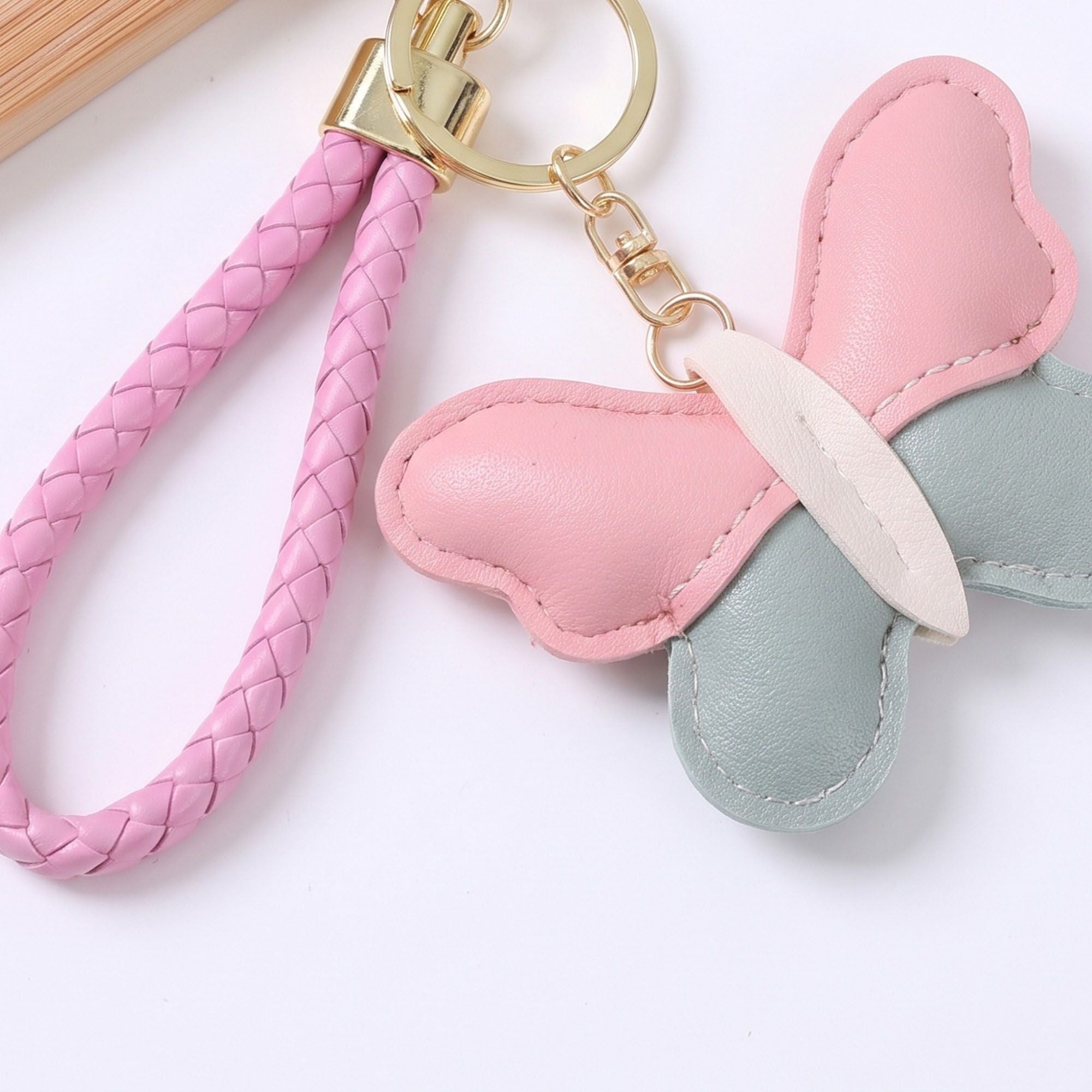 2-Piece Womens Faux Leather Bag Charm Keychain with Braided Wrist Strap and Gold Tone Ring