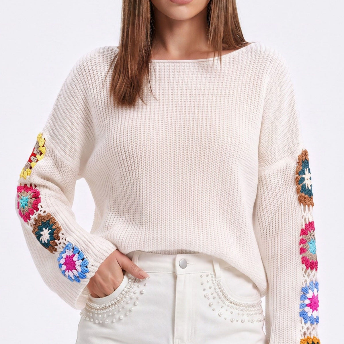 Crochet Floral Sleeve Knit Pullover Sweater with Long Sleeves