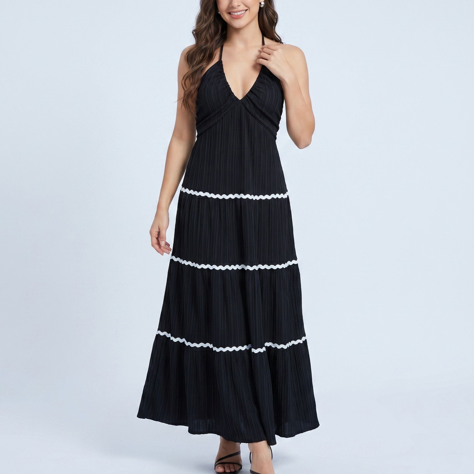 Anna-Kaci Women's Halter Neck Tiered Maxi Dress with Contrast Trim