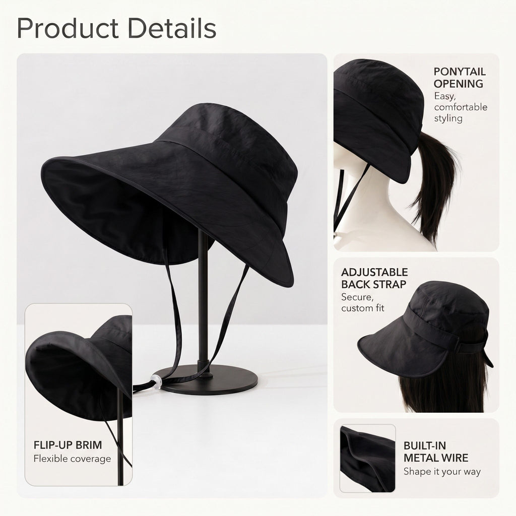 Wide Brim Bucket Sun Hat Adjustable Chin Strap UV Protection Packable Outdoor