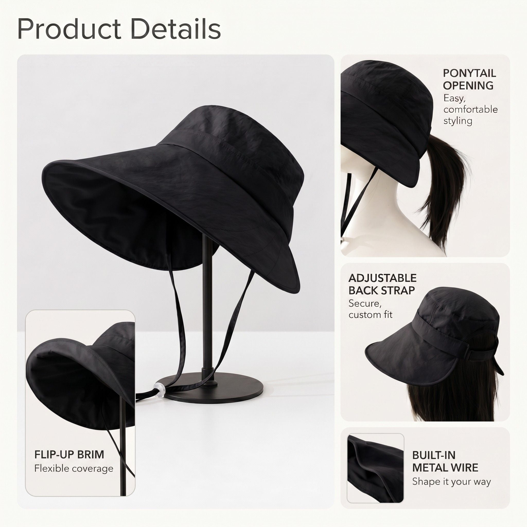 Wide Brim Bucket Sun Hat Adjustable Chin Strap UV Protection Packable Outdoor