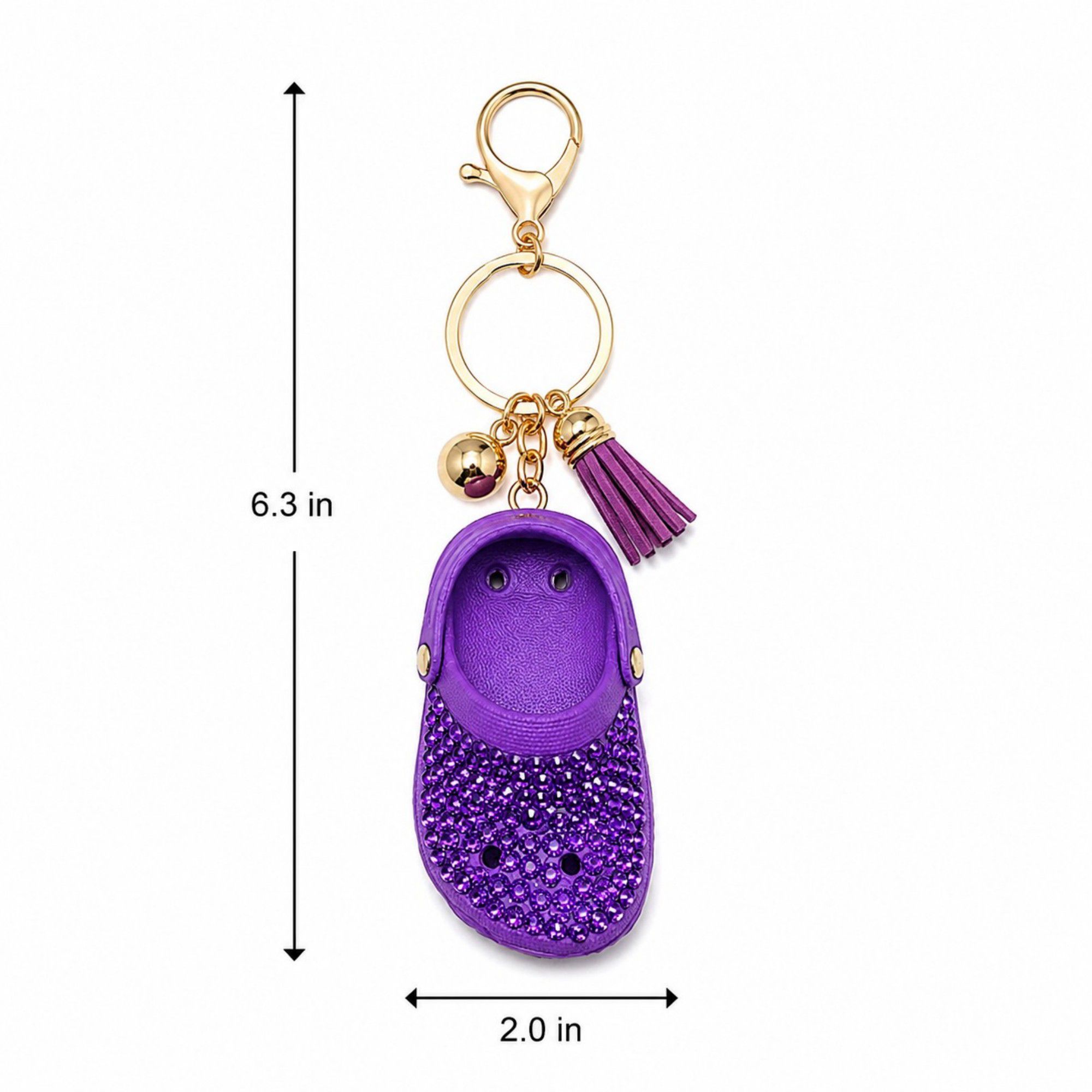 Rhinestone Mini Clog Keychain Bag Charm with Tassel Gold Tone Clip and Key Ring