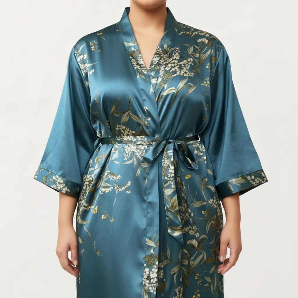 Anna-Kaci Lounge Women's Plus Size Satin Floral Kimono Robe with Self Tie Belt Longline Open Front Lightweight Sleepwear