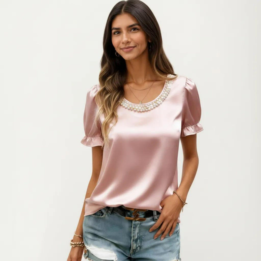Anna-Kaci Women's Satin Faux Pearl Neck Top with Puff Sleeves and Smooth Draped Finish