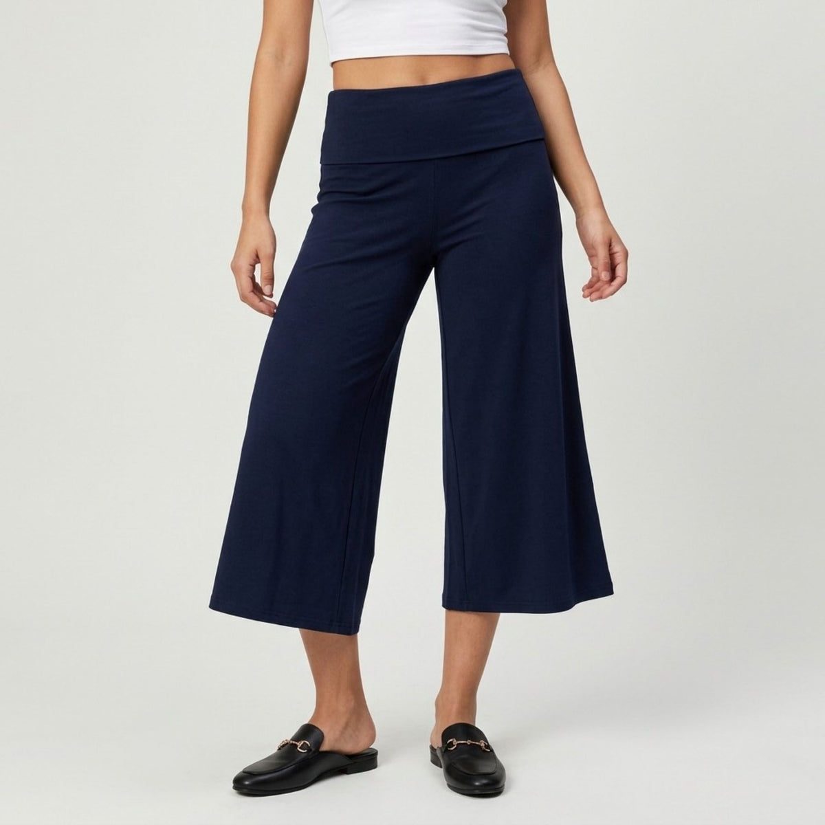 Foldover Waistband Cropped Wide-Leg Trousers