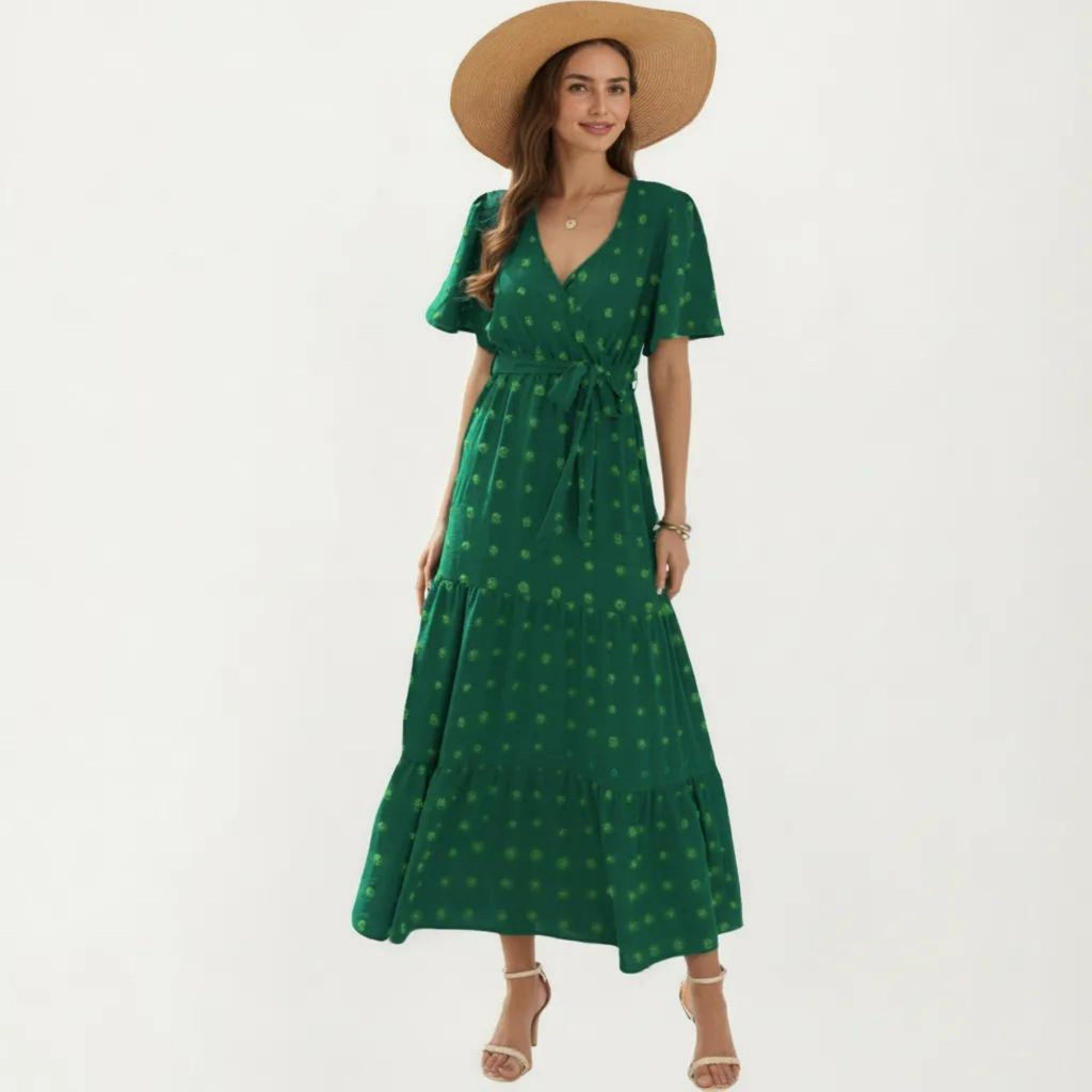 Anna-Kaci Women's Short Sleeve Maxi Dress with Wrap Front Waist Tie and Tiered Skirt
