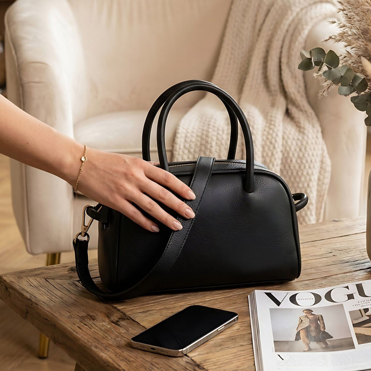 Structured Top Handle Handbag with Zipper Closure and Double Handles